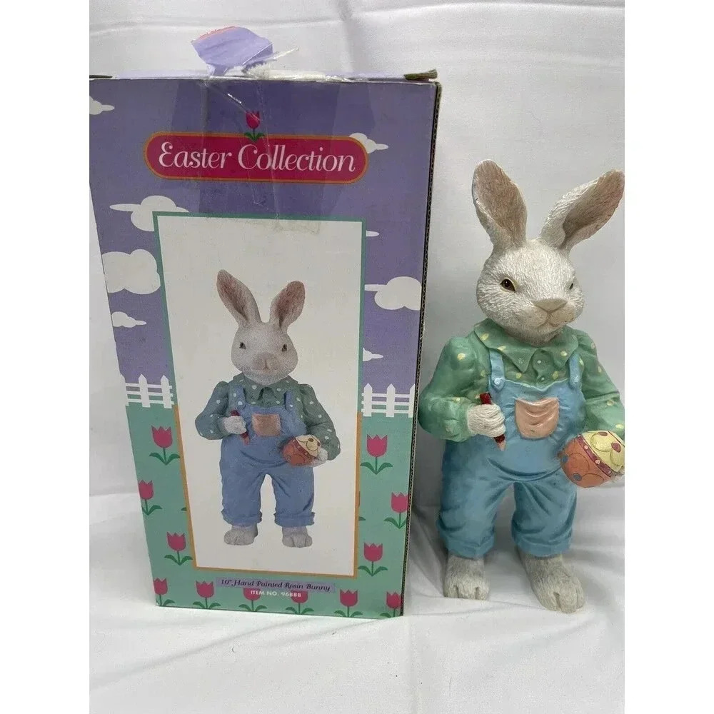 Vintage Bunny Rabbit Figurine Painting Egg Blue Overalls Easter Spring